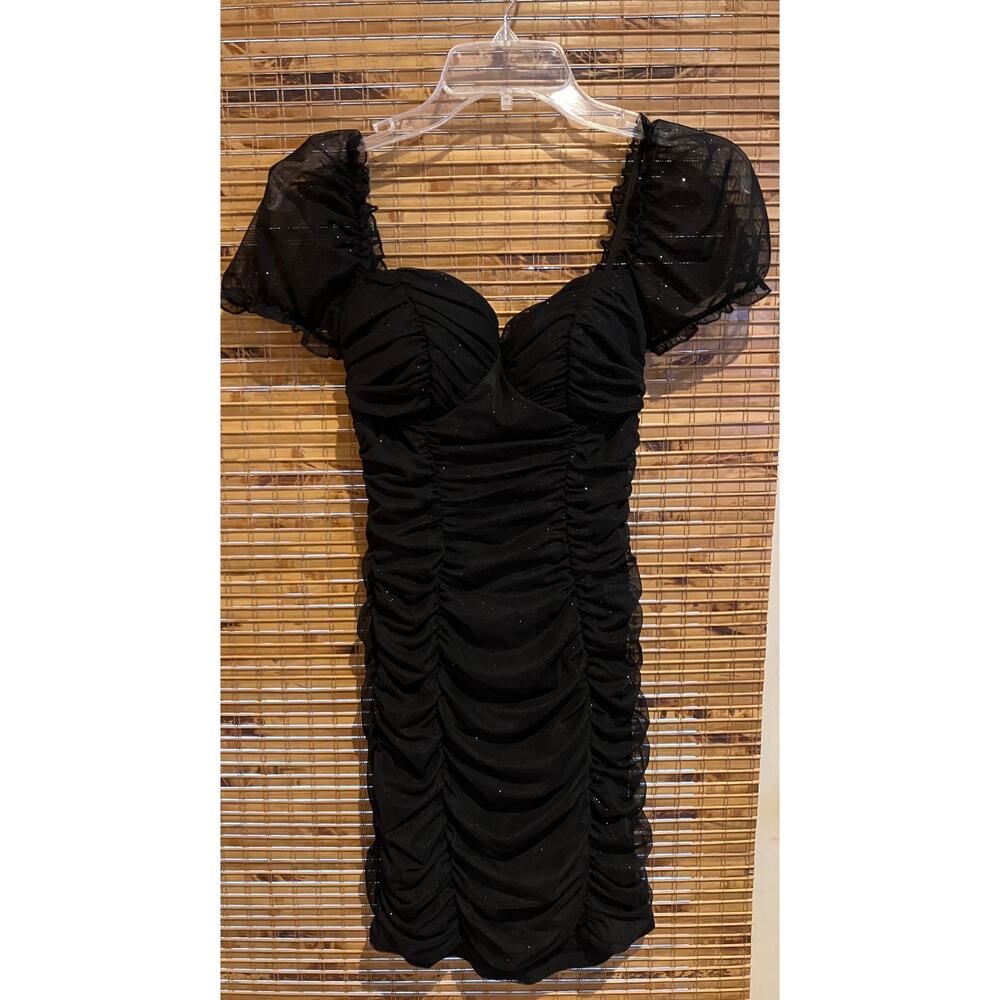 B. Darlin Black Ruched Puff Sleeve Mini Dress Women’s‎ Size 5/6 Sparkly Glitter